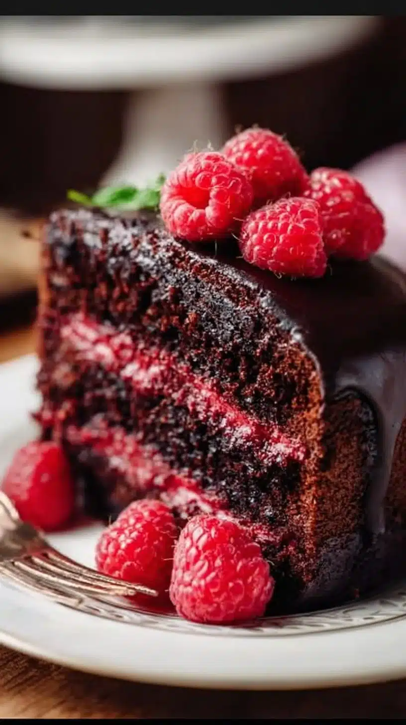 Decadent Chocolate Raspberry Cake topped with fresh raspberries