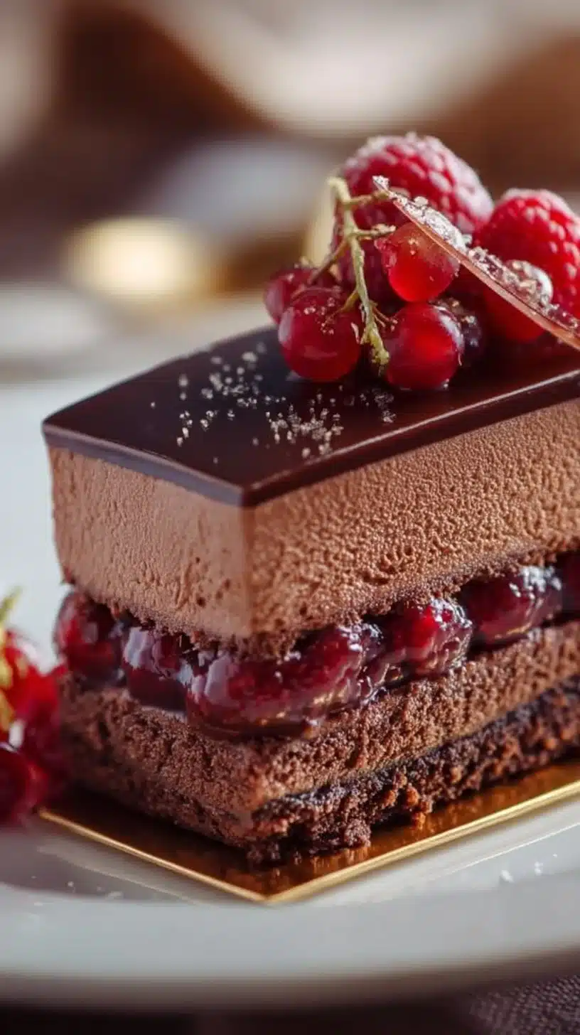 Delicious chocolate raspberry dessert with creamy chocolate and fresh raspberries