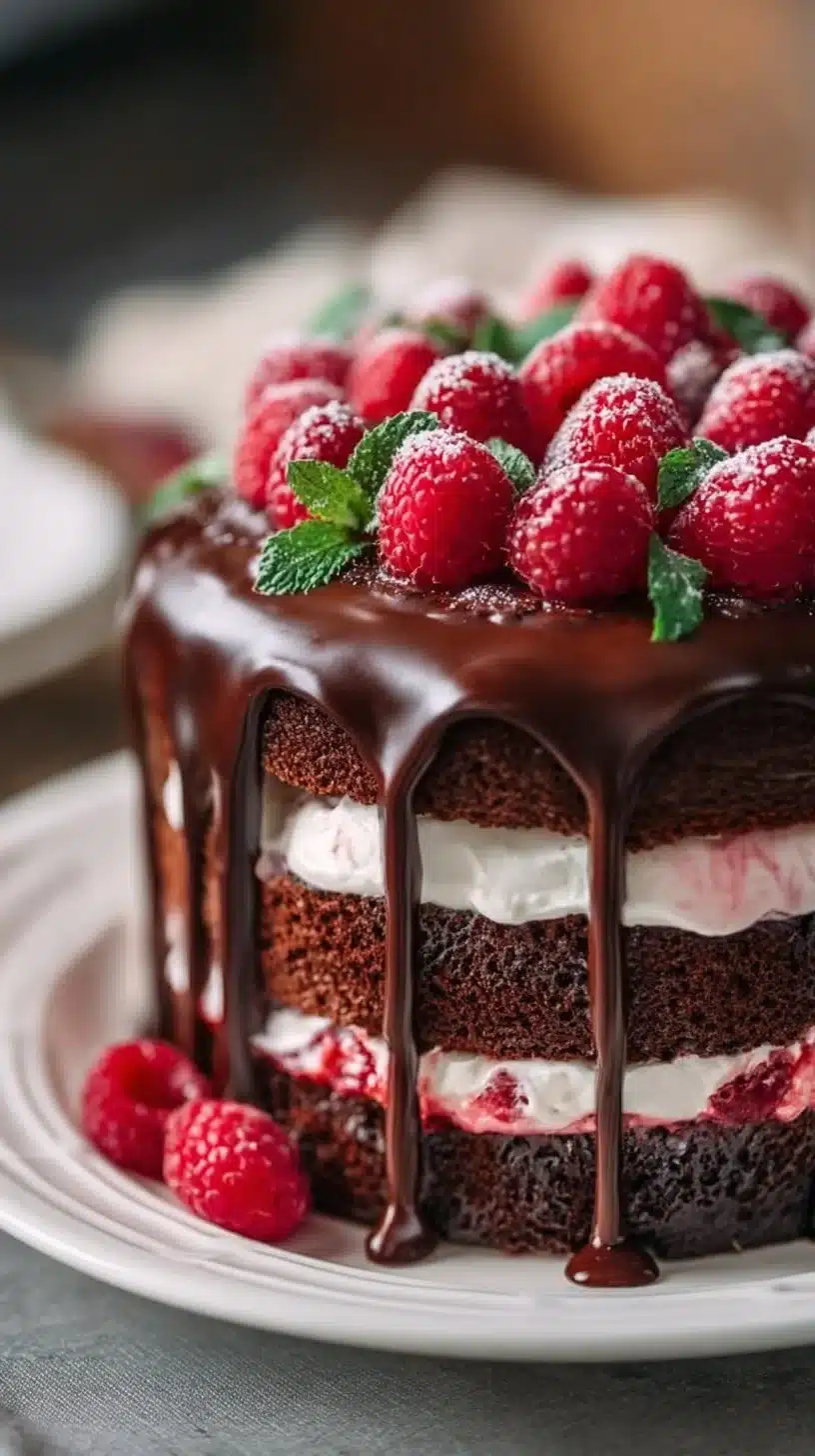 Decadent chocolate raspberry drip cake with rich chocolate and raspberry sauce.