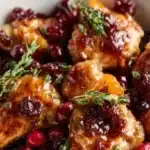 Succulent cranberry orange chicken served on a plate with garnish.