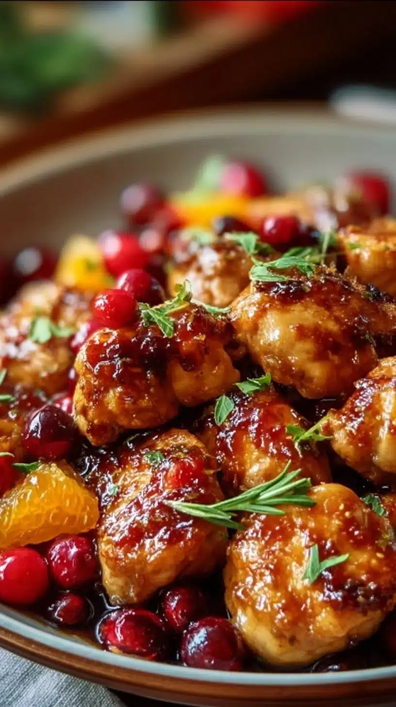 A plate of Cranberry Orange Chicken with vibrant orange slices and cranberries