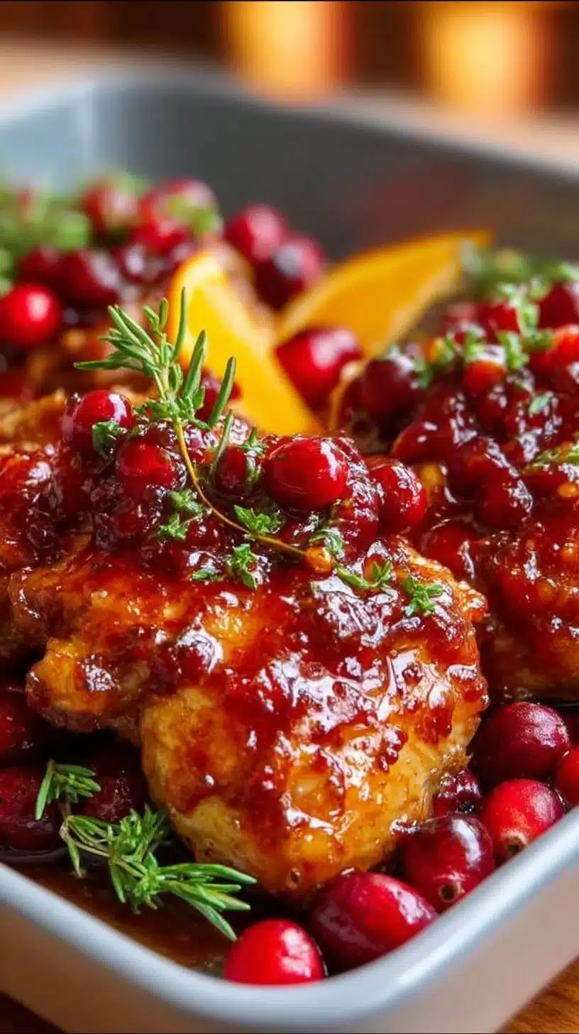 Cranberry orange glazed chicken served on a plate garnished with herbs