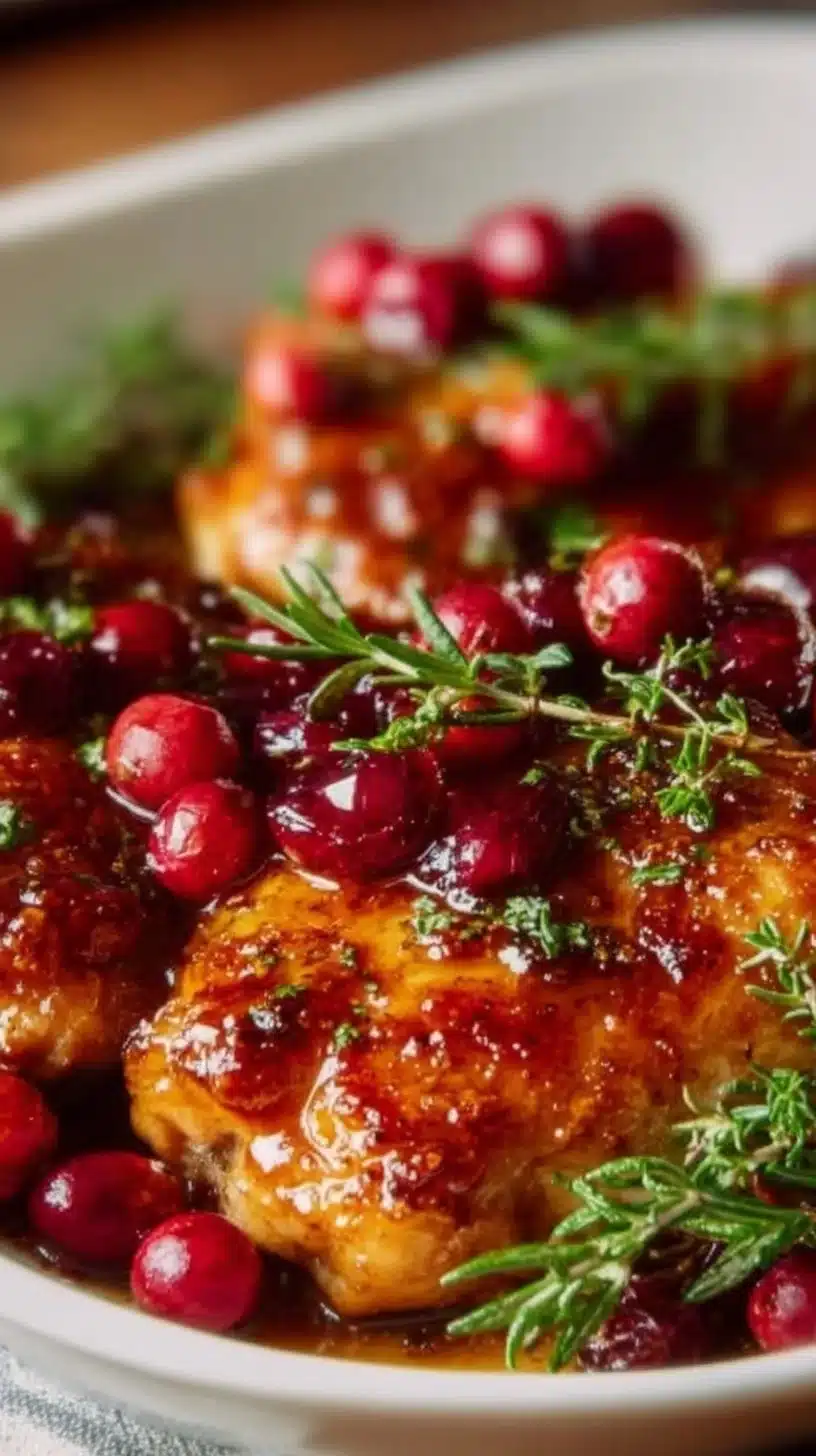 Juicy cranberry orange glazed chicken garnished with fresh herbs.