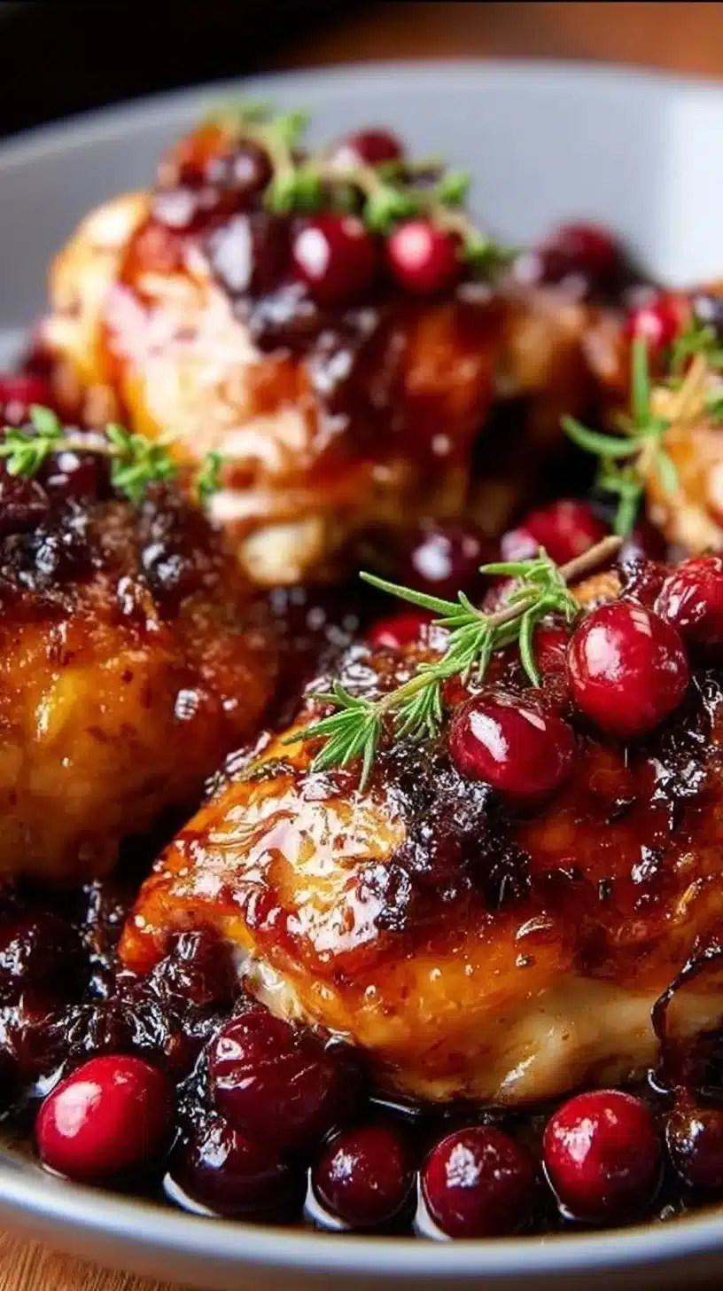 Crockpot cranberry glazed chicken served with sides on a festive table.