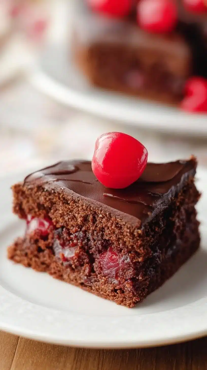 Easy chocolate cherry cake with cherries on top and chocolate icing