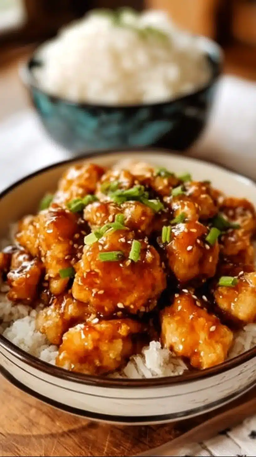 Delicious plate of easy orange chicken with vibrant sauce and garnishes.