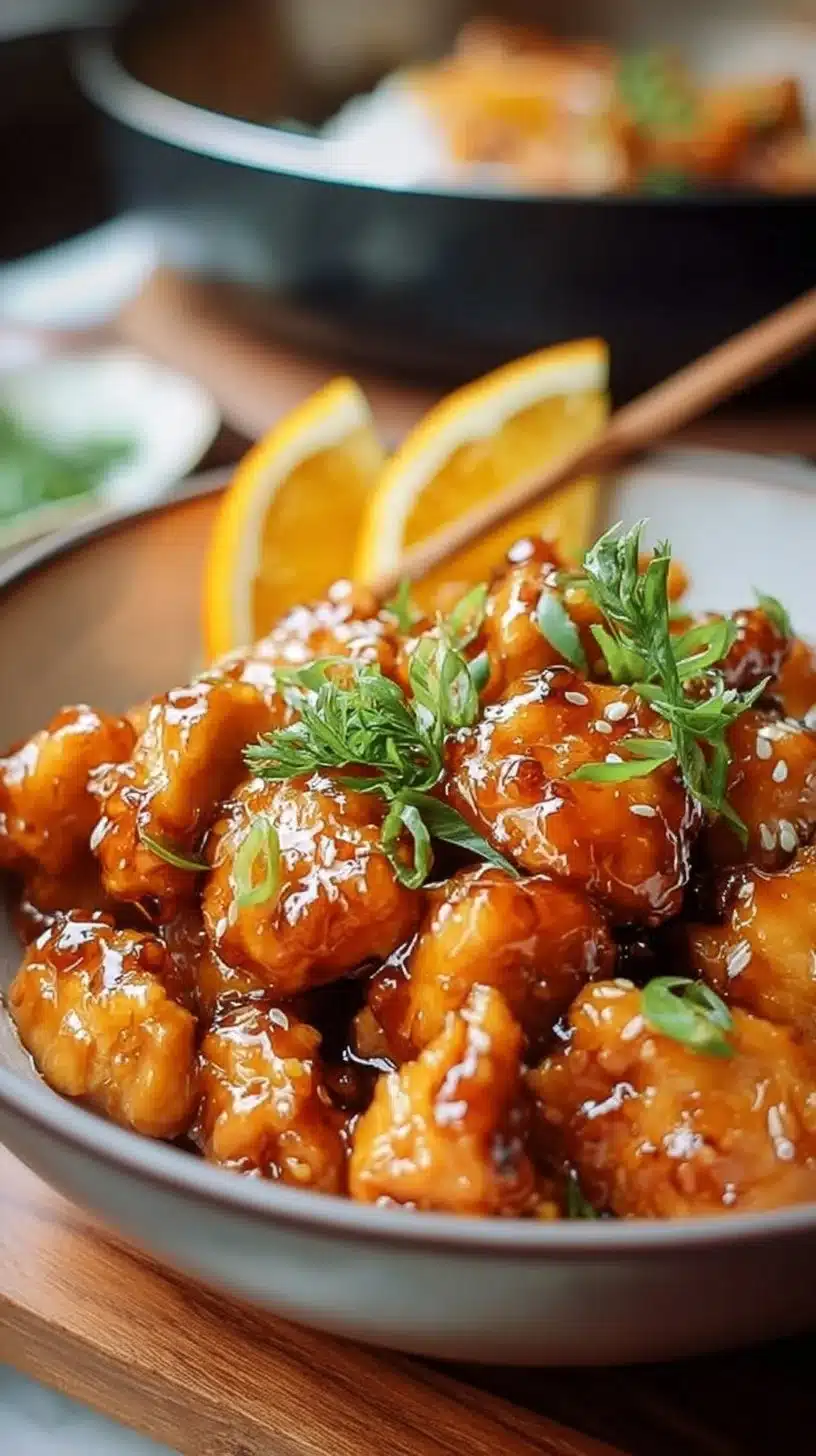 Delicious Asian glazed orange chicken on a plate garnished with green onions