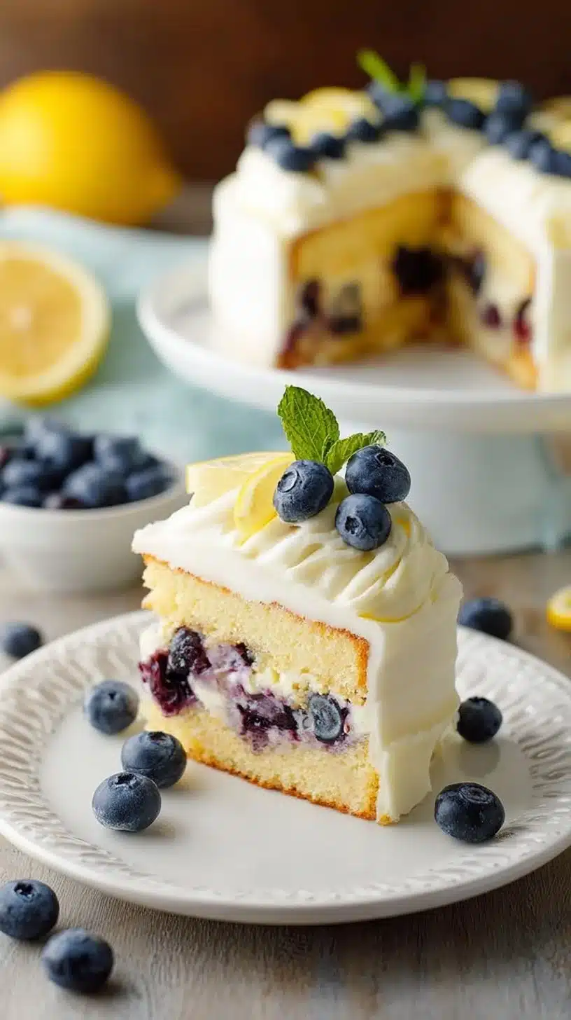 Lemon blueberry cake with whipped lemon cream frosting sprinkled with berries