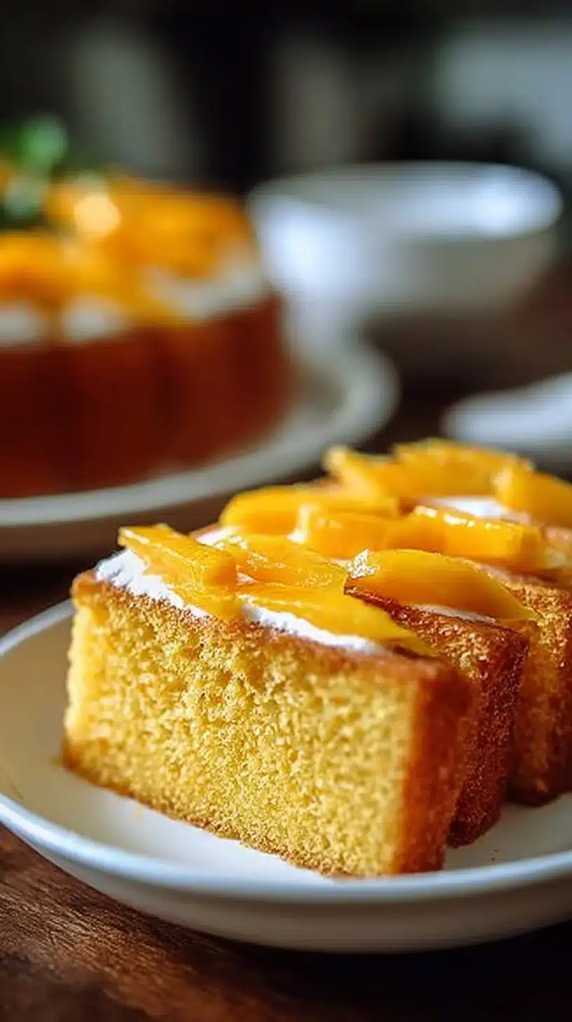 Delicious and moist mango cake topped with fresh mango slices