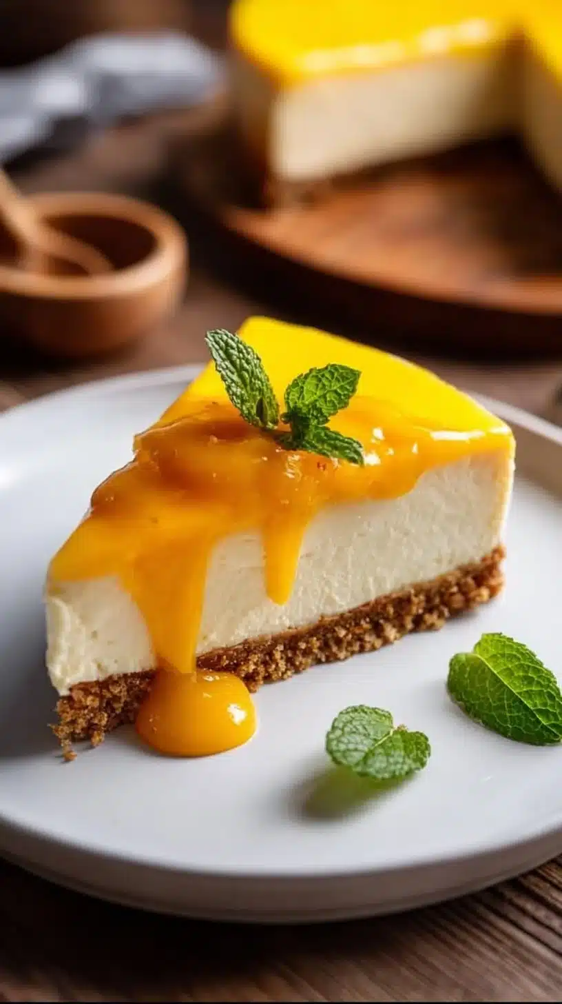 Delicious and creamy mango cheesecake topped with fresh mango slices
