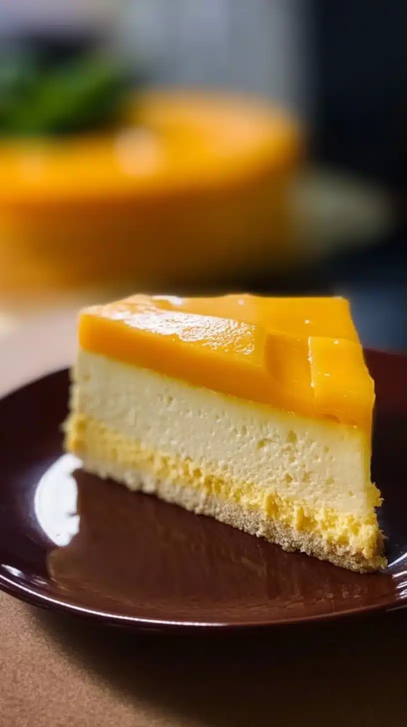 Delicious mango mousse cake topped with fresh mango slices and whipped cream