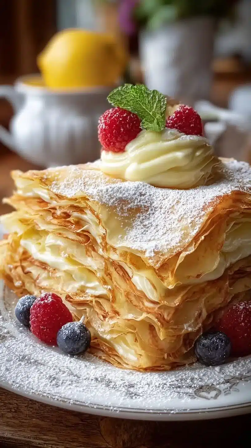 Mascarpone Limoncello Crepe Cake beautifully layered with crepes and lemon zest
