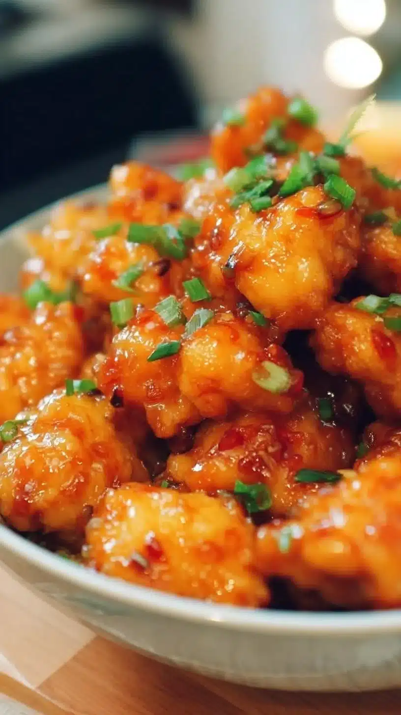 Plate of homemade Orange Chicken garnished with green onions