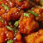 Plate of delicious orange chicken garnished with sesame seeds and green onions