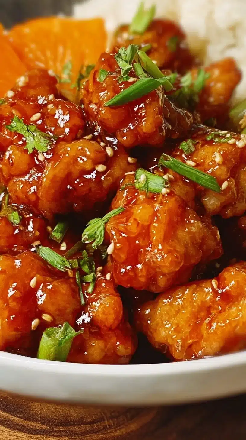 Plate of delicious orange chicken garnished with sesame seeds and green onions
