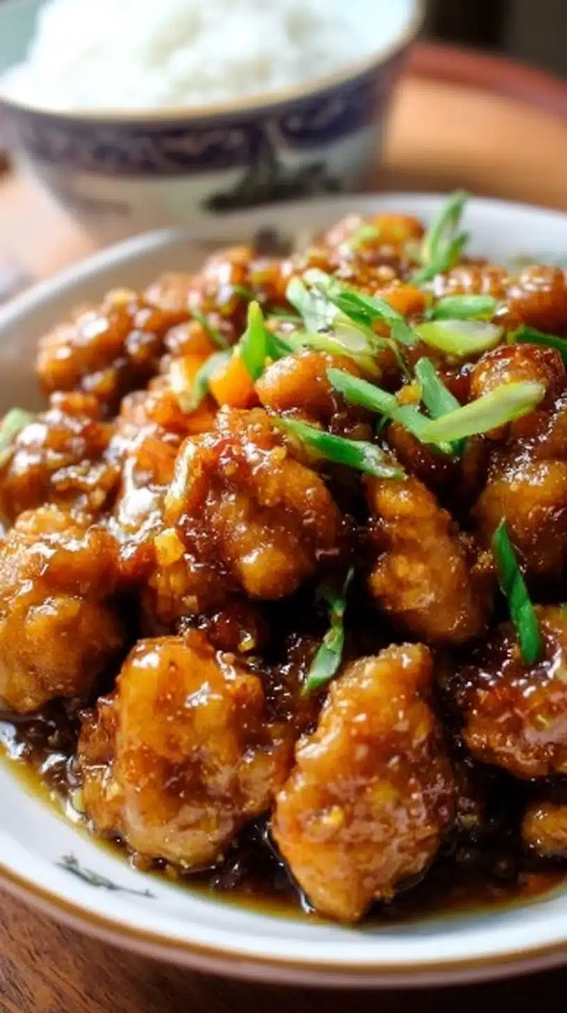 Delicious Orange Chicken served with rice and garnished with sesame seeds