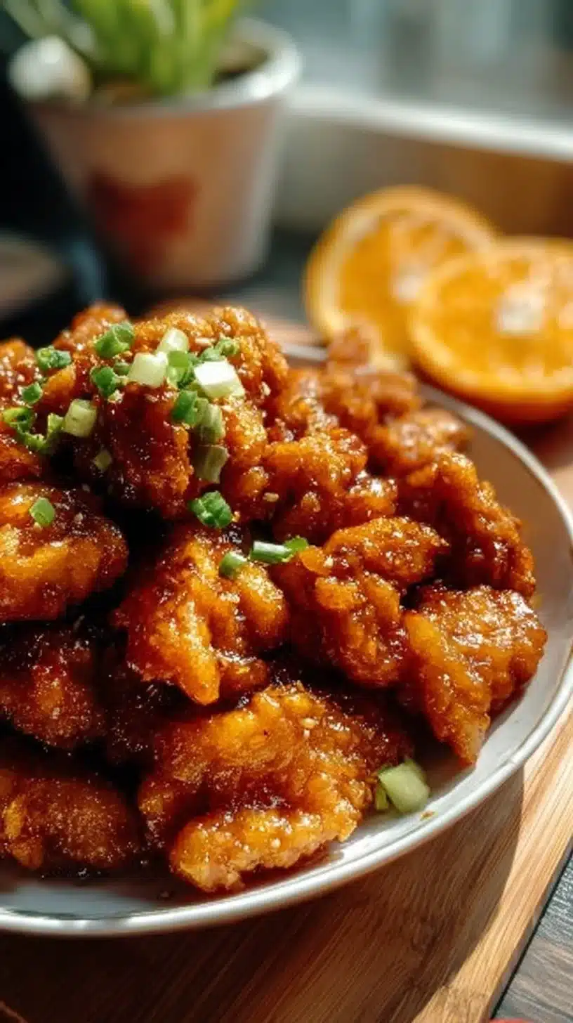 Homemade orange chicken served with rice and vegetables