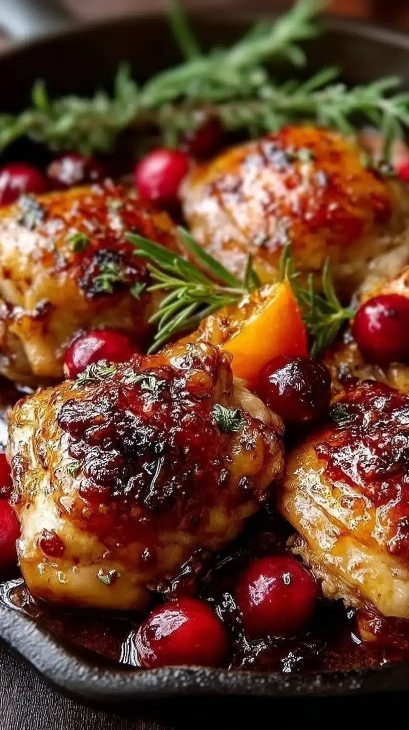 Oven-baked orange-cranberry chicken thighs on a plate garnished with herbs