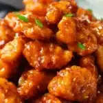 Homemade Panda Express Orange Chicken on a plate with rice and vegetables