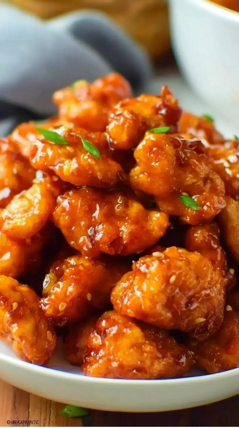 Homemade Panda Express Orange Chicken on a plate with rice and vegetables