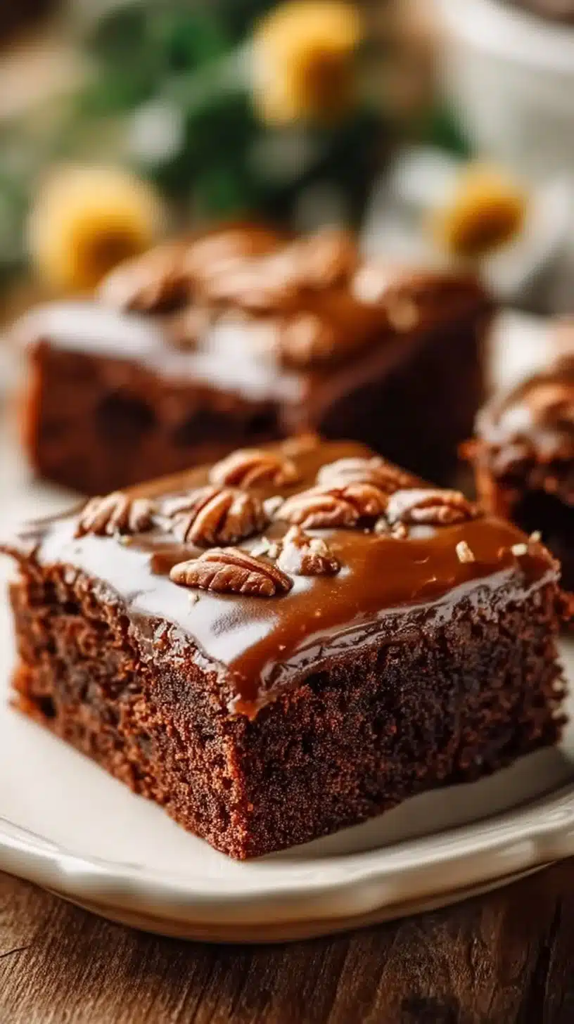 Delicious homemade Texas Sheet Cake with chocolate frosting and nuts