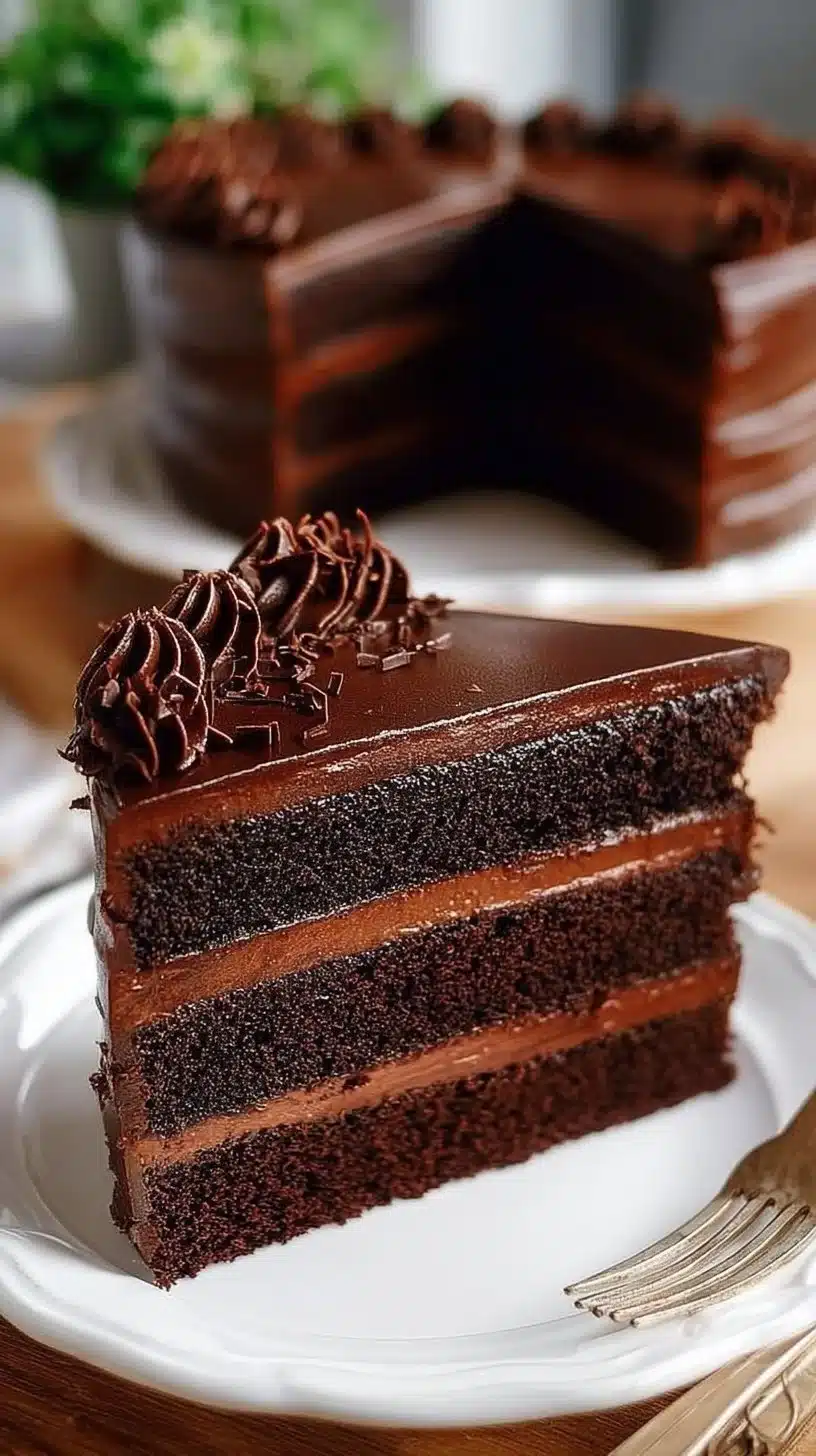 Delicious triple-layer chocolate cake with rich frosting and layers of chocolate.